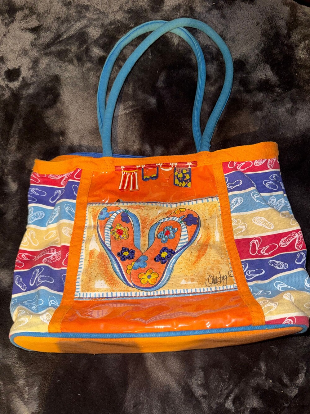 Vintage Owlcity Beaded Flip Flop Tote Bag Blue Handles Orange Trim Striped Patte